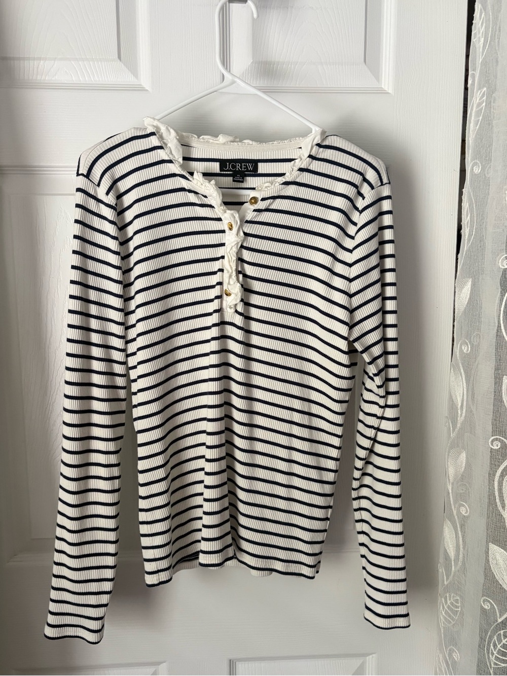 J. Crew Striped Ribbed Henley Top ruffle-collar women size XL